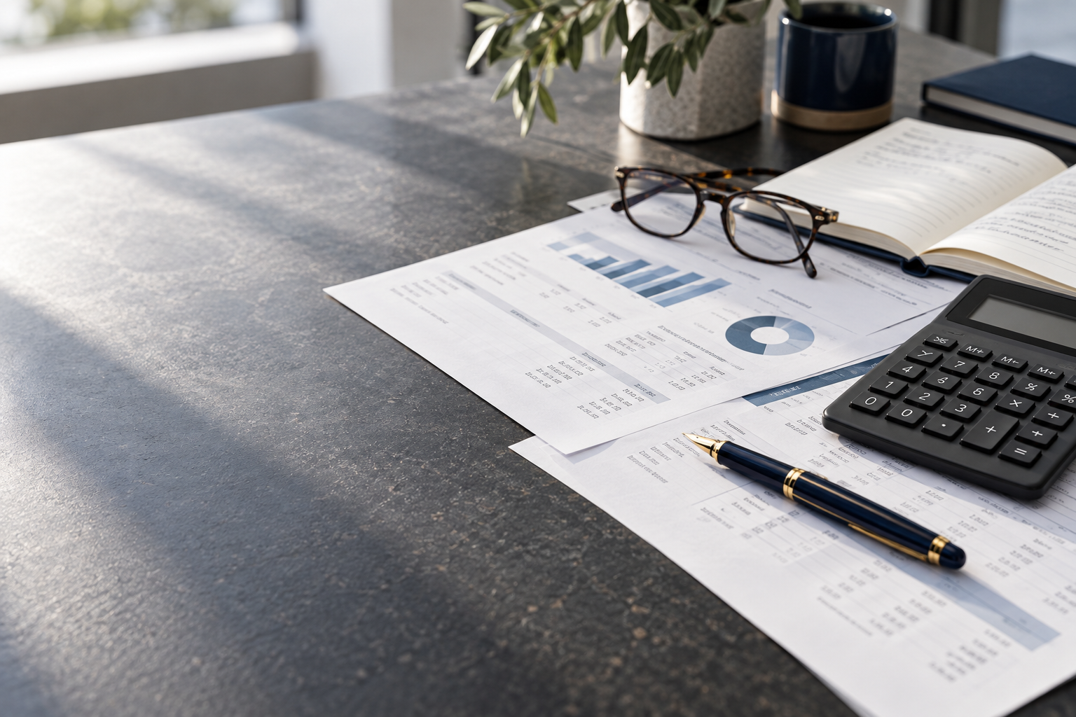 Documentos financieros sobre una mesa de trabajo