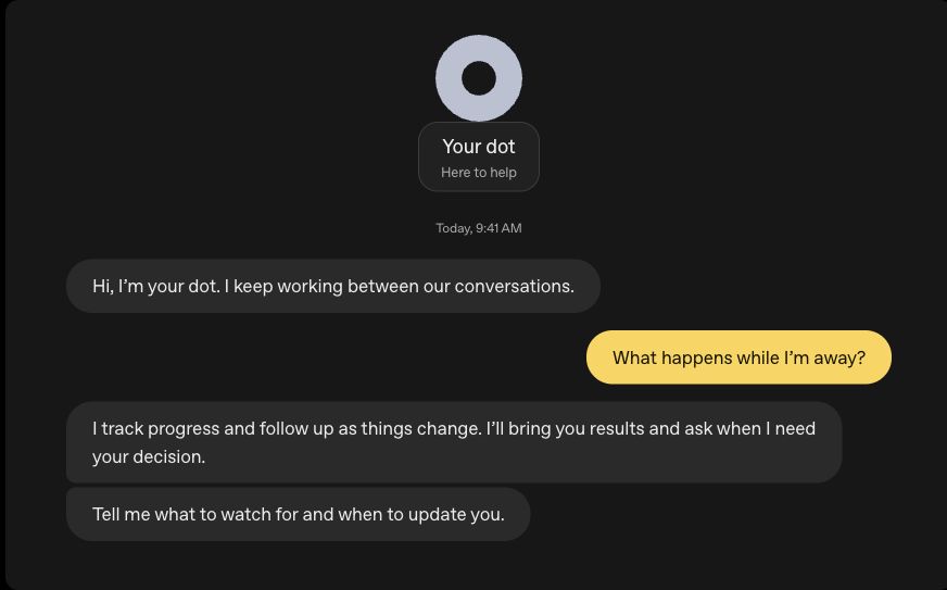 Ilustración explicativa de una conversación con un dot publicada por OpenAI en ChatGPT Learn